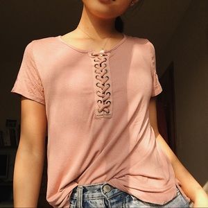 dusty pink tee with lace up detail